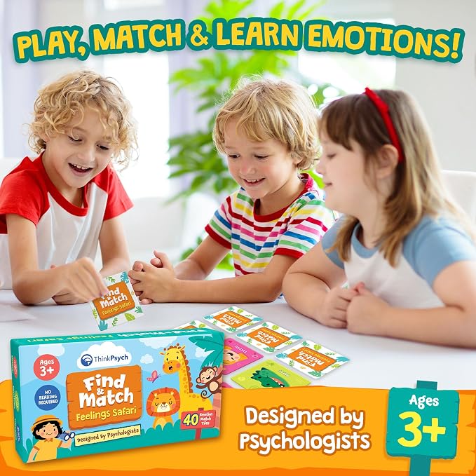 ThinkPsych Find & Match - Feelings Safari Memory Match Game | Learn About Emotions | Therapy Games for Kids | SEL Activities | Play Therapy Toys for Counselors | Ages 3+