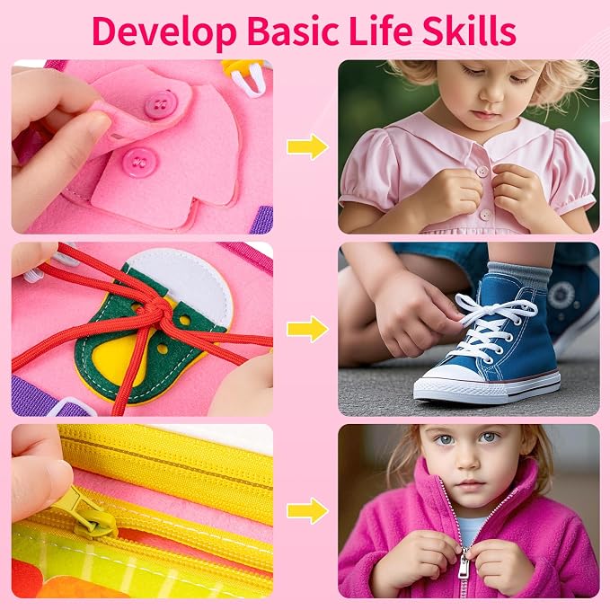 Toddler Busy Board, Montessori Busy Book, Quiet Educational Activity Book | 12-Page Learning Sensory Toys for Motor Skills, Toddlers Travel Toy for Car Airplane, Girl Kids Birthday Gifts (Pink)