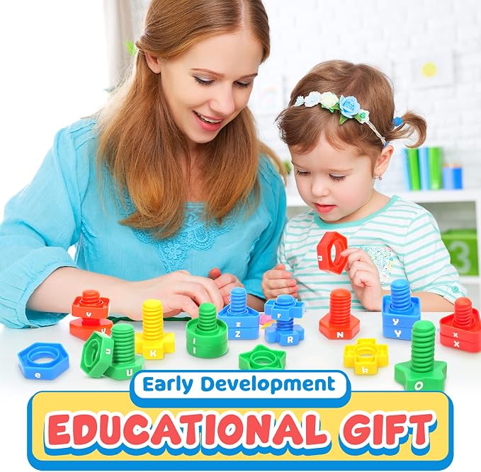 Letters Learning Matching Game | Preschool Toys Set for Toddlers | 26 Alphabet Learning Toys with 52 pcs Nuts and Bolts Sorting & Stacking Toys, ABC learning Educational Montessori Toy for Kids