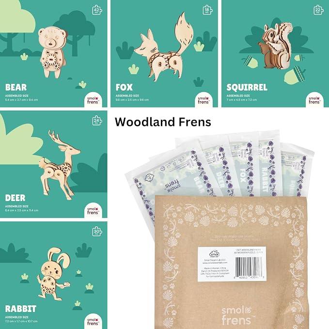 3D Wooden Puzzles for Kids Ages 8+, 5 Pack Animal Puzzles, FSC-Certified Wood, Plastic-Free, STEM Kit for Kids Teens Adults, Wood Craft Model Kit, Individually Wrapped Party Favors - Woodland Frens