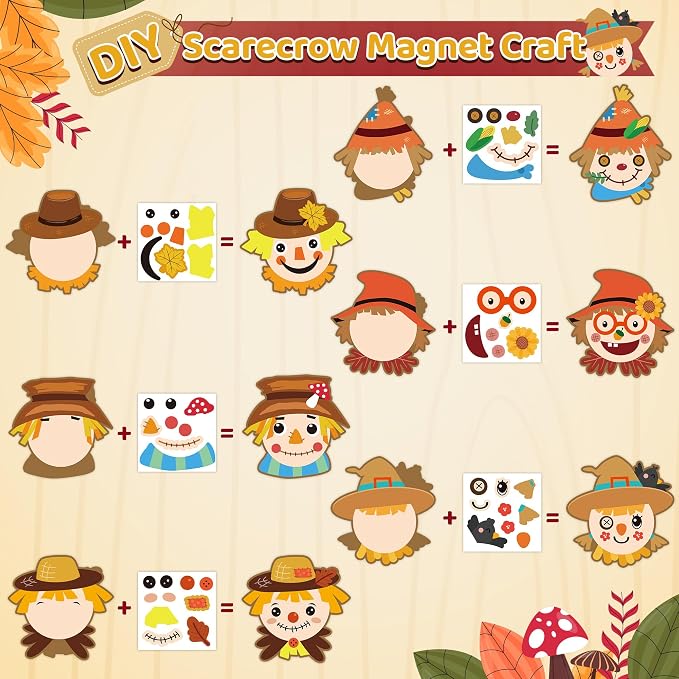 Haooryx DIY Fall Scarecrow Magnet Craft Kit - 30 Set Make Your Own Scarecrow Decoration Autumn Sticker Craft for Kid School Activity Class Art Project Home Refrigerator Class Bulletin Board Decoration