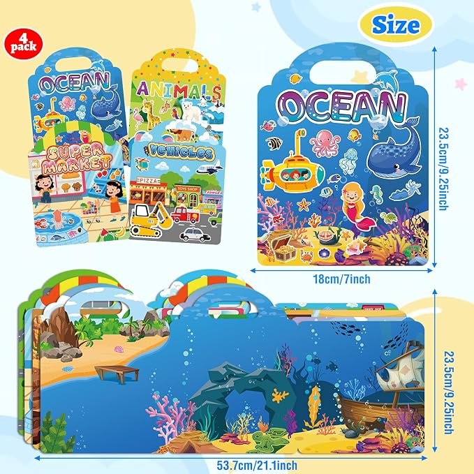 4 Pack Jelly Reusable Sticker Books for Toddlers | Toddler Toys,Birthday Gifts for Boys Girls,Airplane Travel & Road Trip Essentials Kids