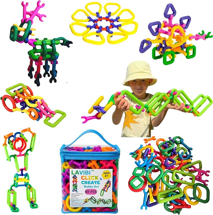 Click & Create Builder Set (80 pcs) - STEM Educational Interlocking Building Blocks for Kids Ages 2-7, Creative Construction Toy for Boys & Girls, Colorful Fine Motor Skills Toy