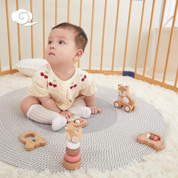 FReniland Wooden Montessori Baby Toys Set, 5-Piece Newborn Gift Set with Koala Rattle, Fox Stacking Rings & Push-Pull Toy for Boys and Girls