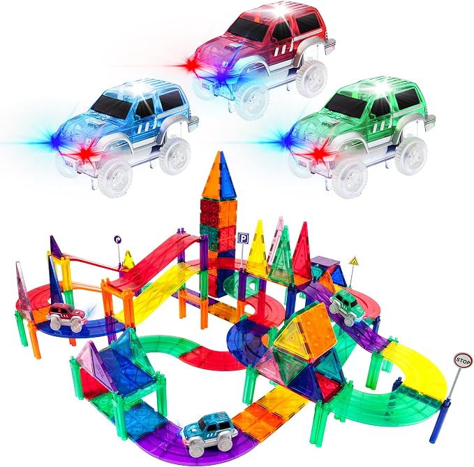 PicassoTiles 128pcs Magnetic Race Car Track Building Block Educational Toy Set Tiles Magnet Playset 3 LED Car STEM Learning Construction Kit Fine Motor Skill Training Brain Development for Kids Age3+ | 3 Light-up LED car fun, multi-level slope design, ...