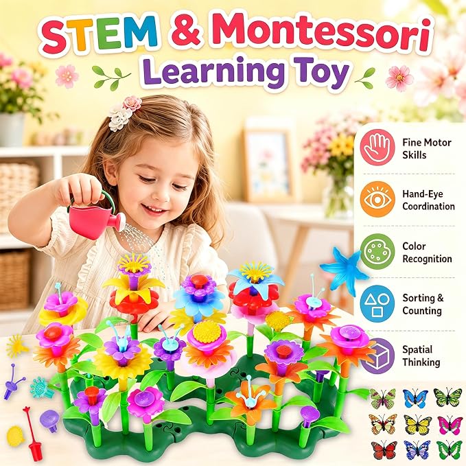 109pcs Flower Garden Building Toys Set - STEM Montessori Toys for Girls | Birthday Gift for 3 4 5 6 7 Years Old Girl, Sorting & Stacking Building Block Playset Springl, Gardening Toy for Kids