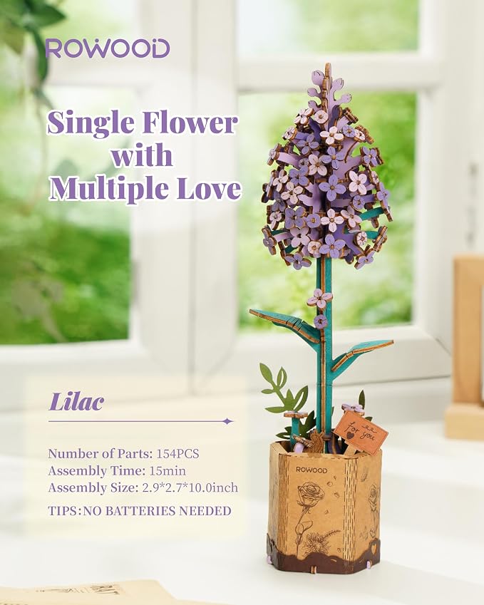 rowood 3D Puzzles for Adults,Mother's Day Wooden Artifical Flower Craft Kit,DIY Botanical Collection Building Toy Set,Valentine's Day/Thanksgiving Day/Christmas/Birthday Gift -Lilac