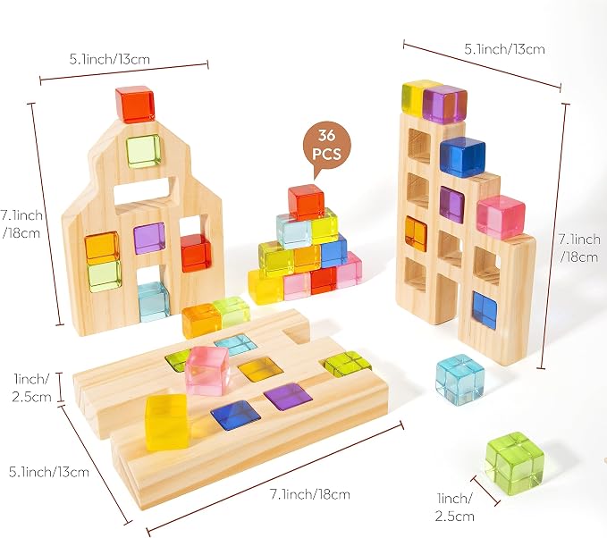 Woodtoe 36 PCS Rainbow Acrylic Gem Blocks, Wooden Blocks for Kids Ages 3-6 | Montessori Stacking Toy, Educational STEM Activity, Creative Construction Play, Includes 3 Wood House, Gift for Boys Girls