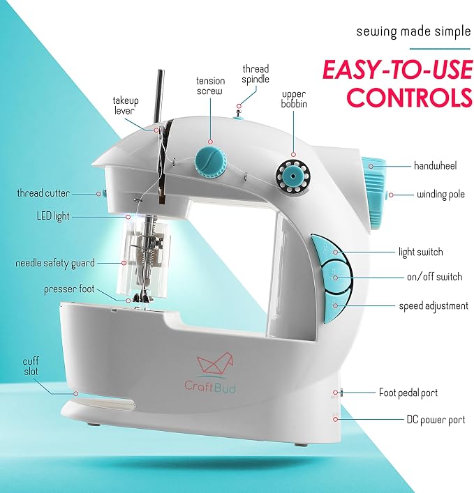 CraftBud Mini Sewing Machine for Beginners, Adults and Kids Sewing Machine | 48-Piece Sewing Kit Accessories, Portable, Dual Speed, Extension Table, Foot Pedal, Built-in Light, Guide Book & More, White