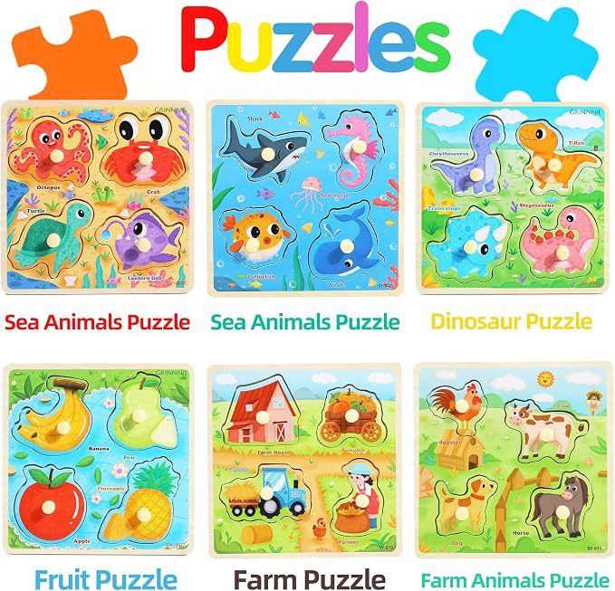 Melofaver Toddler Wooden Peg Puzzles, Montessori Learning Baby Puzzles | 6PCS Toddler Puzzles with Knob -Dinosaur, Farm, Farm Animal, Sea Animal, Fruit, Kids Puzzles Gifts for Boys Girls Christmas