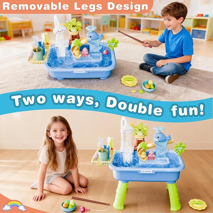 2026 Upgraded Water Table for Toddlers 1-3, Kids Play Sink with Running Water, Toddler Kitchen Sink Toy with Pump, Fishing Game & Sensory Water Play Toys for Boys Girls (Blue)