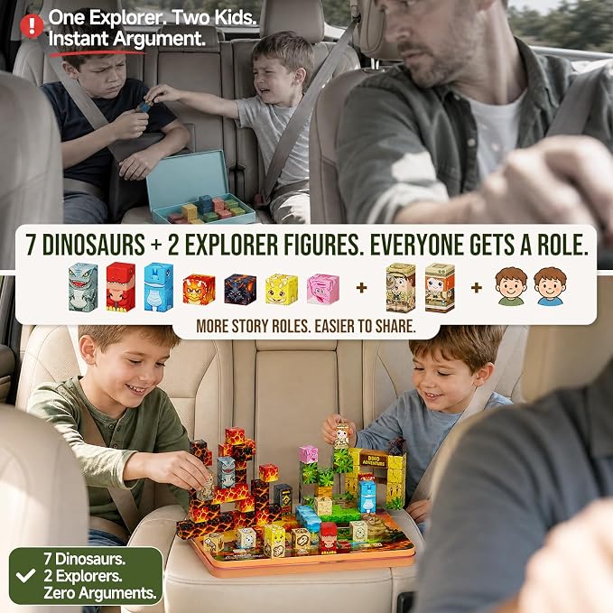 Dinosaur Magnetic Blocks Travel: 1.48lb 100PCS Volcano Tin Set | 7 Dinos 2 Explorers 60-Min Multi-Kid Story, N32 Quiet Road Trip Car Airplane Activities Toys for Kids Boys Girls Ages 3-8