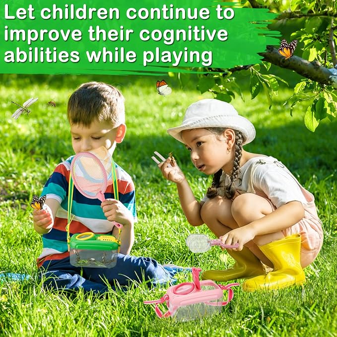 2 Sets Bug Catcher for Kids, Bug Catching Kit Gifts with Butterfly Net Toys | Built-in Magnifying Glass Bugs Box, Kids Camping Toys Bugs Collection Outdoor Explorer Kit for Age 3 4 5 6 7 8, Pink & Green