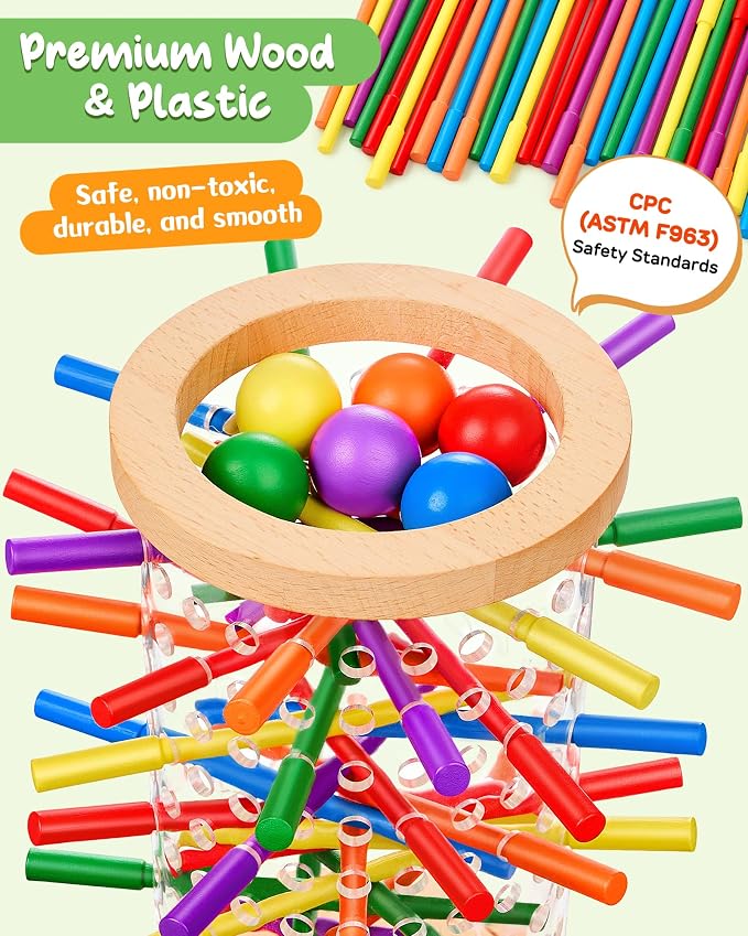 Wooden Board Games for Kids 3-8 Montessori Toys Fine Motor Skills Toy Dice | 42 Non-slip Sticks, 3-Min Quick Setup, Clear Interior View, Wooden Stick Game Color Matching, CPC-Certified, Ages 4–6 Gift