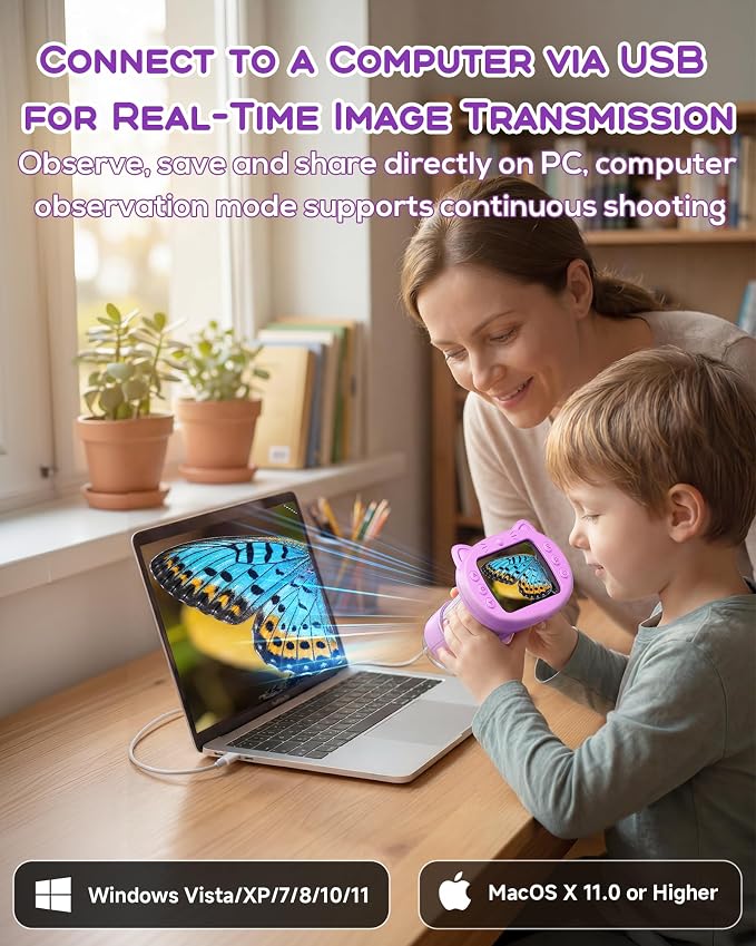 Digital Handheld Microscope for Kids, 1000X Portable Pocket Magnifying Glass with 2.4" Screen, STEM Educational Birthday Gift for Boys Girls Age 4-6 to 8-12, Outdoor Exploration Toy,Purple