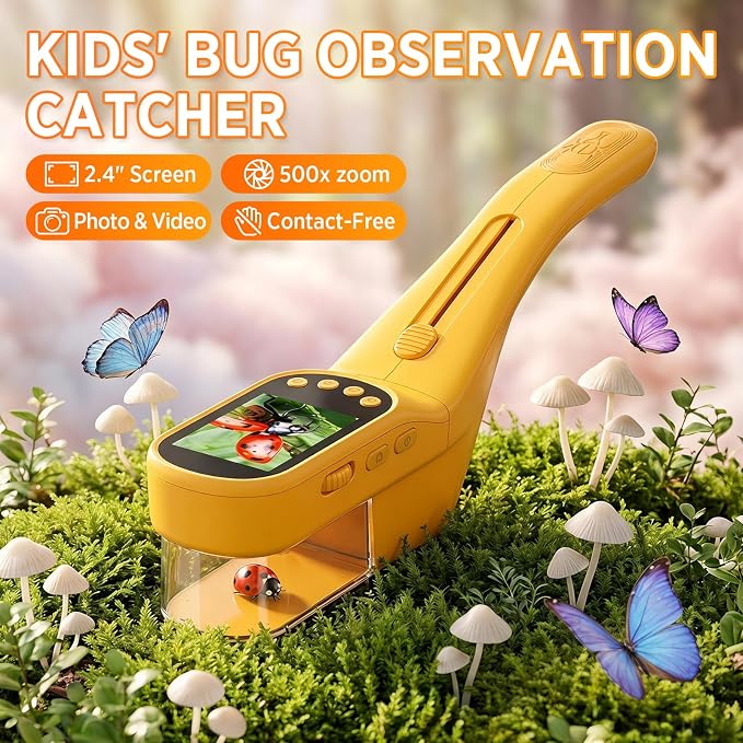 Kids Bug Catcher Microscope STEM Exploration Toy for Ages 3+ | 2.4" IPS screen, 500X Magnification, 8 LED lights, photo and video record, bug catching kit for kids 3‑12 outdoor STEM toy