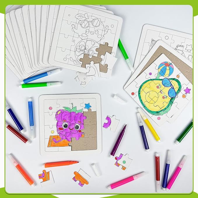 Cinrobiye 24 Pcs Fruit Coloring Puzzle Craft Kit, DIY Tropical Fruit Jigsaw Activity Set with 12 Designs, Summer Craft Party Favors for Group Events, Birthday Decorations, Art & Creative Activities