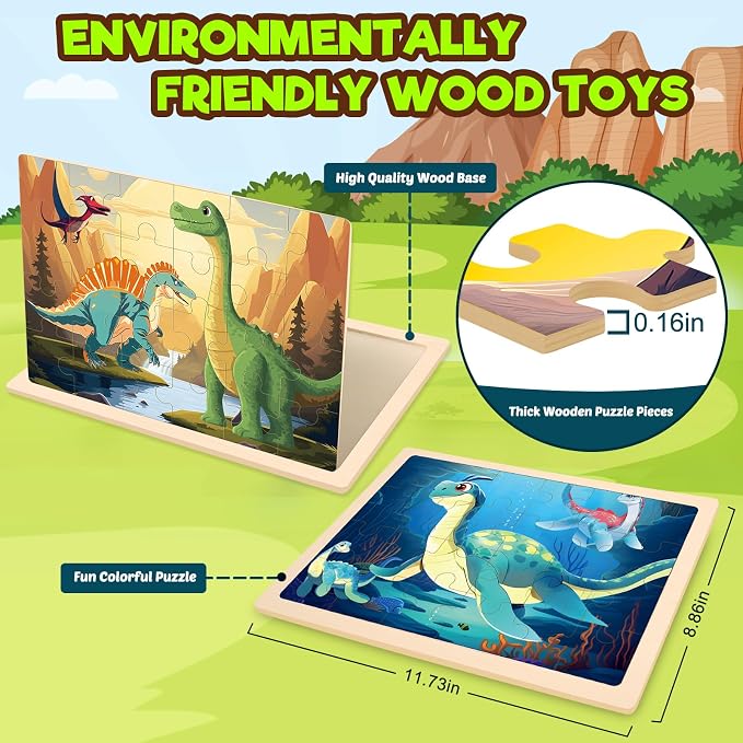 Wooden Puzzles Dinosaur Toys for Kids Ages 3-5, 4 Packs Jigsaw Dino Puzzles for Kids Ages 4-6, Educational Boards Game Gifts for 3 4 5 6 Boys Girls