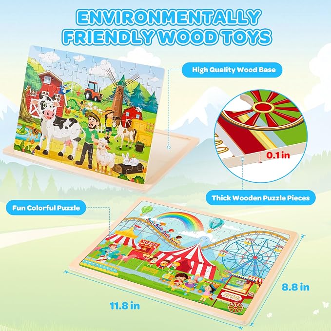 6 Themed Wooden Puzzles for Kids Ages 3-5, 60 Pieces Each | 6 x 60 Piece Puzzles 6-8, Dinosaur, Farm, Jungle Animals, Ocean Life, Solar System, Amusement Park, Kids Birthday Gifts