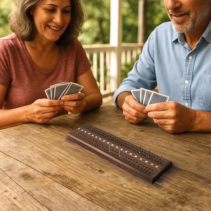 Sterling Games Wooden Cribbage 12 inch Double Track Cribbage Board with Rich Italian Inlaid for 2 Players Playing Cards Included