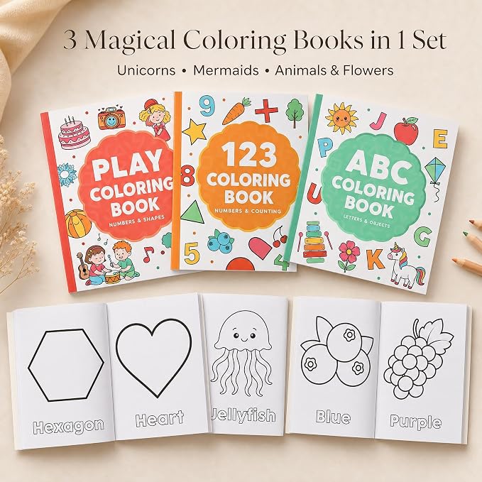 ZICOTO Fun Coloring Book for Kids - Set of 3 Cute Toddler Coloring Books | Educational Activity Water Color Pages with Simple Designs for Boys and Girls - Covers Alphabet, Numbers, Colors & Shapes