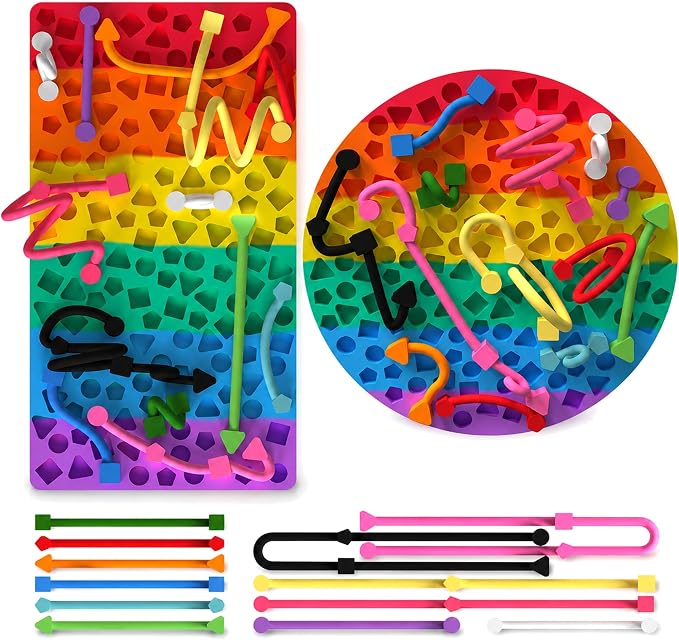 2 Pack Sensory Activity Board, Stress Relief Silicone Quiet Toddler Sensory Toy, Silicone Sensory Activity Board, ADHD & Autism Sensory Toys for Kids & Adults |with a Travel Bag & 24 Strin(B)