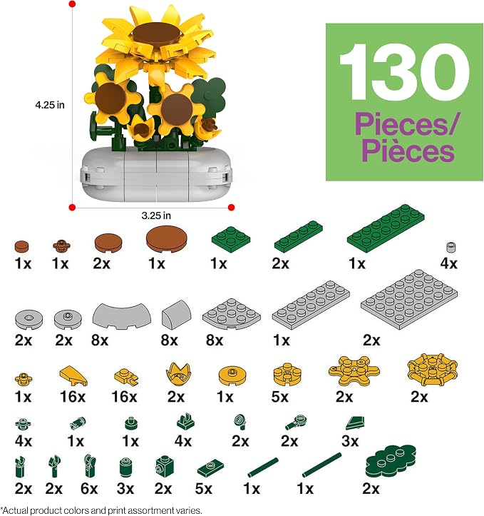 PicassoTiles 130pc STEM Sunflower Building Brick Block Set with Vase Flower Craft Toy for Kids Ages 3+ Educational Learning and Creative Activity Construction Room Decor Gift for Boys and Girls PBS22
