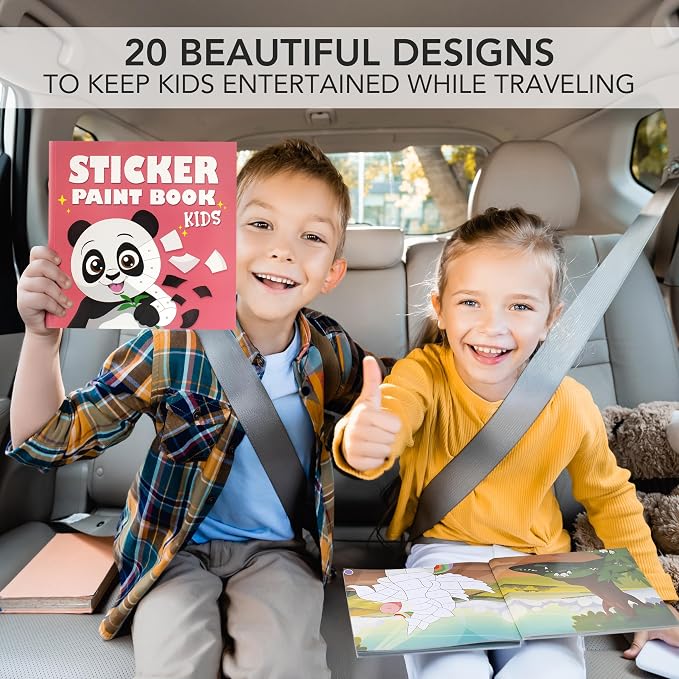 Fun Paint with Sticker Books for Kids Set of 2 - Activity for Ages 4-8 | Entertaining Sticker Activity with Vibrant Themes Keeps Kids Busy - Puzzle to Learn Shapes and Numbers at Home or Travelling