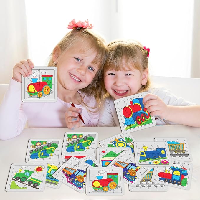 Cinrobiye 24 Pcs Train Coloring Puzzle Craft Kit for Kids, DIY Transportation Jigsaw Puzzles Bulk, Train-Themed Activity Set for Birthday Party Favors, Classroom Games, Art Projects
