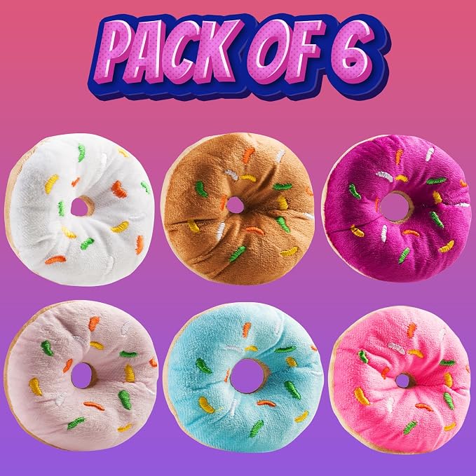 Plush Donut Toys with Sprinkles (6-Pack) Stuffed Donut Party Decorations | Soft Stuffed Donuts for Birthday Decorations, Donut Party Supplies, Party Favors, Kids Gifts, Photo Props & Classroom Rewards