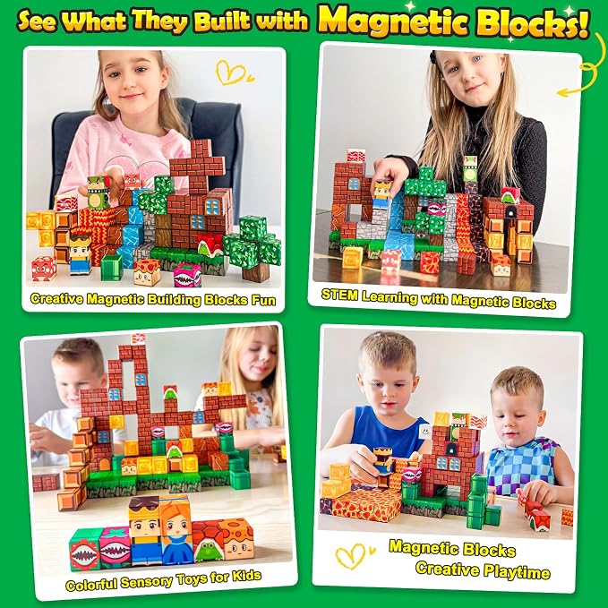 100PCS Magnetic Blocks Magnetic Building Blocks Sensory Toys for Kids Ages 3-5 6-8 8-12 Kids Game Toys for 3+ Year Old Boys & Girls, Mine Magnet World Craft 3 4 5 6 7 8 9 Year Old Boy Birthday Gift