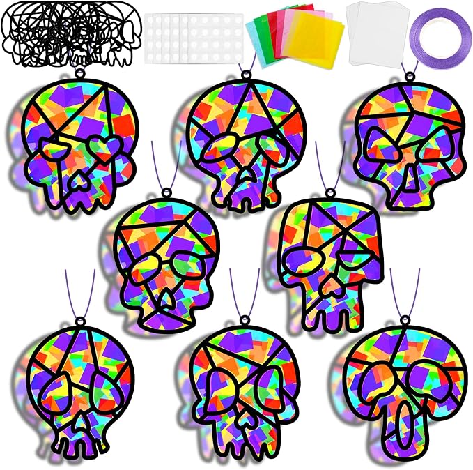 Lonfliness 32 Sets Sugar Skull Suncatchers Crafts Kit DIY Day of The Dead Window Stained Glass Effect Paper Halloween Dia de Los Muertos Easter Art Craft Creative Activity Project Gift Favor