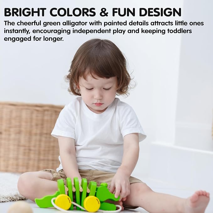 PlanToys® Dancing Alligator Pull Toy for Toddlers | Eco-Friendly Wood Toy with Click-Clack Sound | Walking Toy for Babies | sound motion, toddler pull toys, animal design, girls, boys, gross motor cause & effect early learning gift for kids idea
