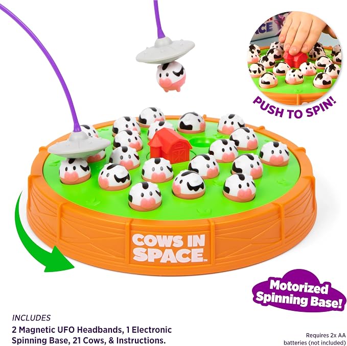 Cows in Space By Relatable - 2026 Toy of The Year Finalist, The Kid-Friendly Extraterrestrial Fun 2 Player Games - Includes 2 UFO Headbands, 1 Electronic Spinning Base, 21 Cows, and Instructions