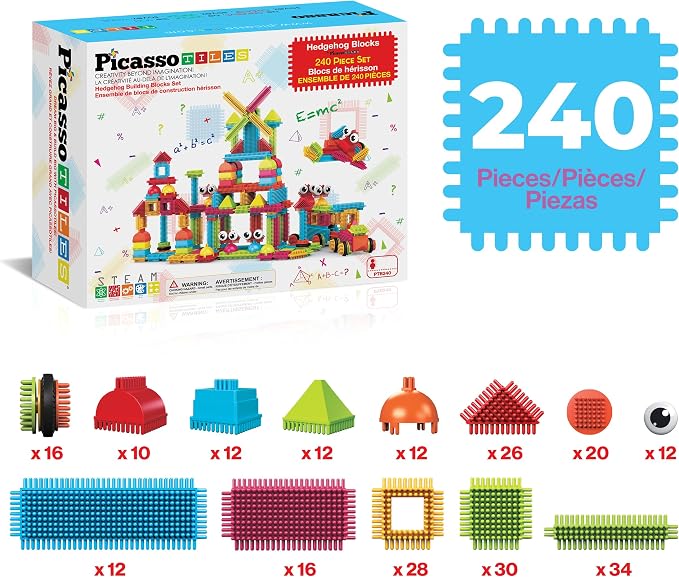 PicassoTiles 240 Piece Hedgehog Bristle Blocks 3D STEM Building Toy Ages 3+ | Easy angle-to-angle connections, vivid colors, creative exploration, spatial reasoning, fine motor skills, solo or group play