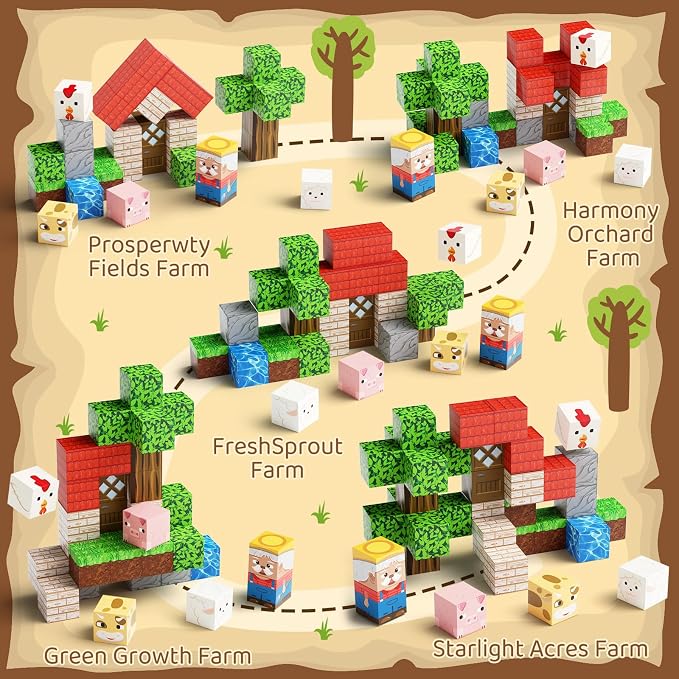 Mini Magnetic Travel Building Blocks: 35 PCS Farm Animals STEM Toys | Metal Storage Box as Play Base - Portable Magnets Cubes Road Trip & Airplane Activities Essentials for Kids Toddlers Ages 3-8