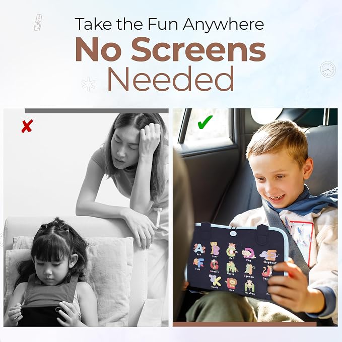 Busy Book for Toddlers, Montessori Felt Quiet Book Travel. Ages 3+ | Soft felted wool, securely stitched with no loose pieces. Buttons, zippers and abacus build fine motor skills.