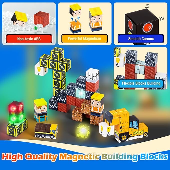 45PCS Magnetic Blocks for Kids with Portable Iron Box Construction | Mini Cubes, Travel Essentials for Airplane, Car, Ride Road Trip, STEM Learning Toy Gift Idea for Toddlers Boys, Girls Ages 3+