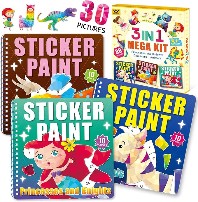 Elite Panda Sticker by Number Books for Kids Ages 4-8, 3-Pack, Mermaid Dino | 30 Sticker Pictures. Paint with Stickers Activity for Girls & Boys. Travel Toys, Car Rides & Quiet Time. Birthday Gift