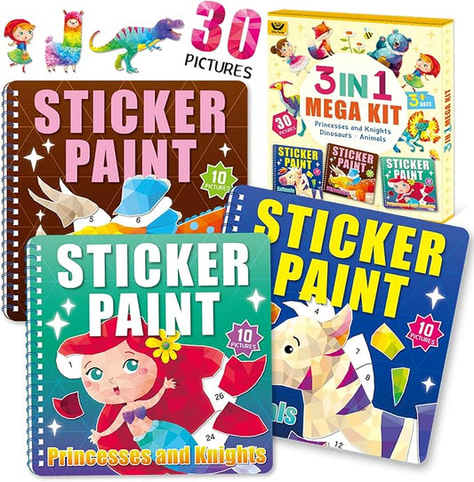 Elite Panda Sticker by Number Books for Kids Ages 4-8, 3-Pack, Mermaid Dino | 30 Sticker Pictures. Paint with Stickers Activity for Girls & Boys. Travel Toys, Car Rides & Quiet Time. Birthday Gift