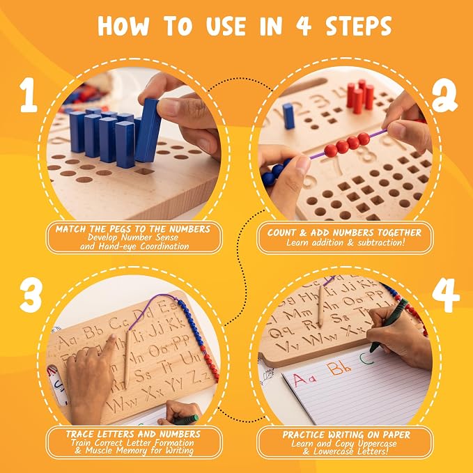 Montessori Counting Peg Board - Number & Letter Tracing Board - Wooden Montessori Alphabet & Counting Toys Toddlers 3+ Years Old - Alphabet Learning + Education Home Schooling Materials Pre-K