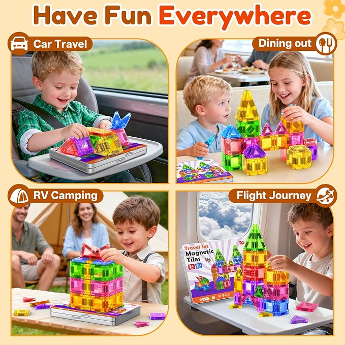 NVHH 60PCS Mini Magnetic Tiles Travel for Kids Ages 3-5 4-8 with Iron Box | Magnet Building Kids Toys for 3 4 5 6 7 8 Year Old Boy Girl Toddler Creativity Construction Sensory Christmas Birthday Gifts