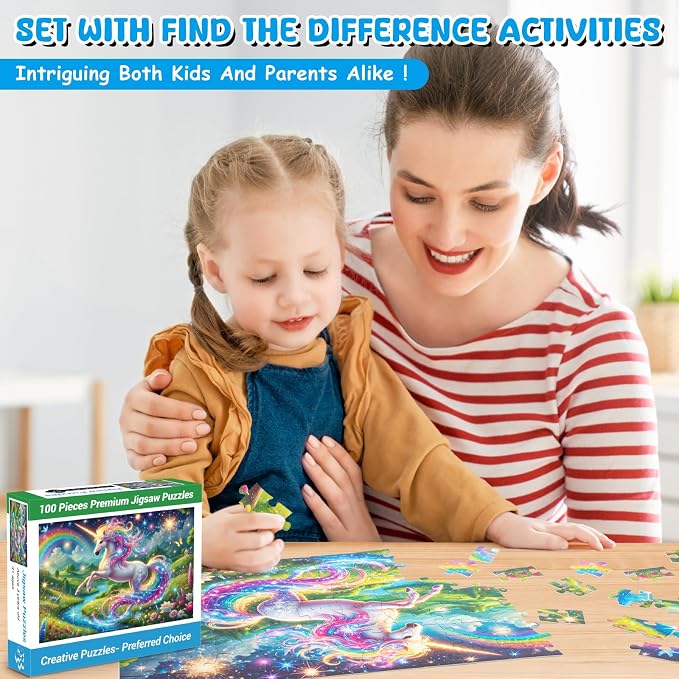 100 Piece Puzzles for Kids Girls Boys Ages 4-10, Rainbow Unicorn Puzzles | Learning Educational Jigsaw Puzzles Toys with Full-size Poster, Holiday/ Birthday/Party/School Gifts for Children