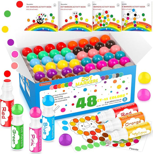 Soucolor 48-Pack Washable Dot Markers for Kids & Toddlers 12 Vibrant Colors | Non-Toxic Bingo Daubers, Preschool Arts & Crafts, Classroom Supplies,Paint Dabbers with 4 Activity Books