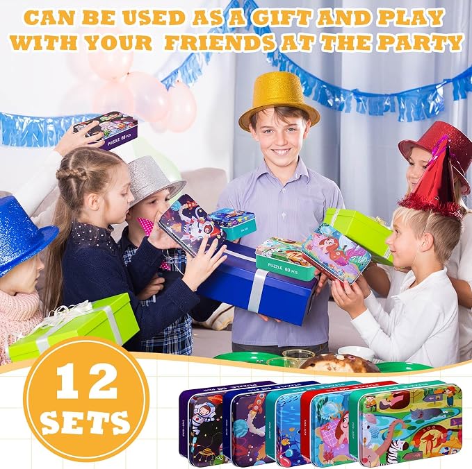 Silipull 12 Boxes Party Favors Jigsaw Puzzles in a Metal Box for Age of 4-8, Wooden Puzzle for Ages 4-8 Learning Educational Jigsaw Pieces Toys, 12 Styles(Lovely)(Novel)
