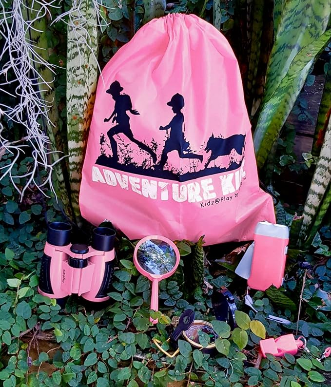 Adventure Kidz Pink Outdoor Exploration Kit for Children | Binoculars with Case, Flashlight, Compass, Fox Whistle, Magnifying Glass, Backpack