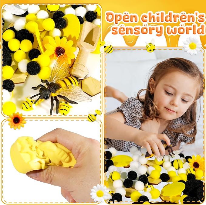Hiawbon Bee Sensory Bin Fillers Bee Sensory Bin for 3+ Year Old | Bee Hive Montessori Toys for Toddlers, Counting Sorting Toys for Kids Honeycomb Fine Motor Toys for Early Learning