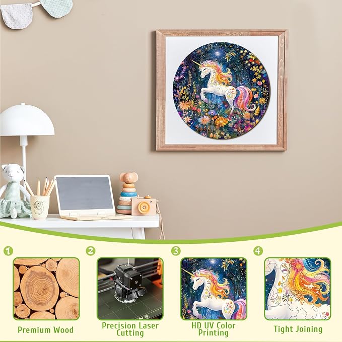 Rainbow Wooden Puzzles for Kids - Unicorn | 50 Piece Puzzles for Kids Ages 6-8, Kids Puzzles with Unique Animal Shapes, Round Gift for Girls and Boys (11.4 * 11.4 in)