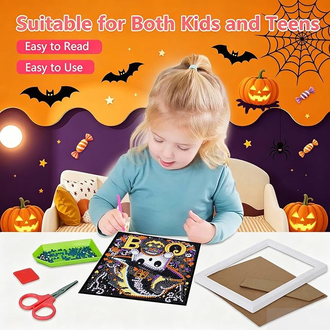 Gemozaic Halloween Diamond Art Kit for Kids Ages 6-8-12 with Frame, 7x7 in | Cute Spooky Diamond Art for Kids 10 Year Old, DIY Big Gem Arts and Crafts for Boys and Girls Birthday Gift, Home Wall Decor