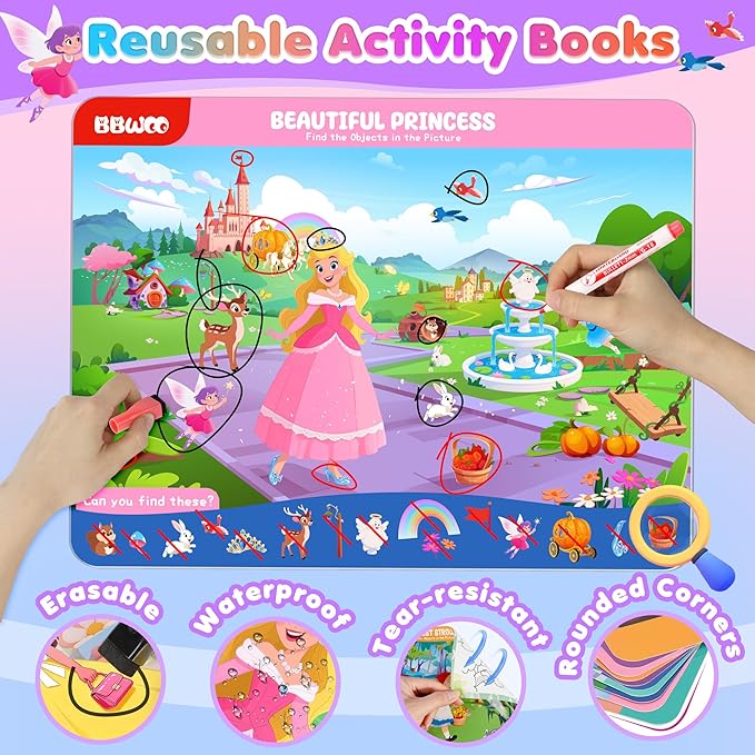 Search and Find Activity Books, 2 In 1 Princess Seek Game Coloring Books | Preschool Educational, Travel Games Toys for Car Airplane, Road Trip Activities for Kids, Birthday Gifts Kids Ages 3-8